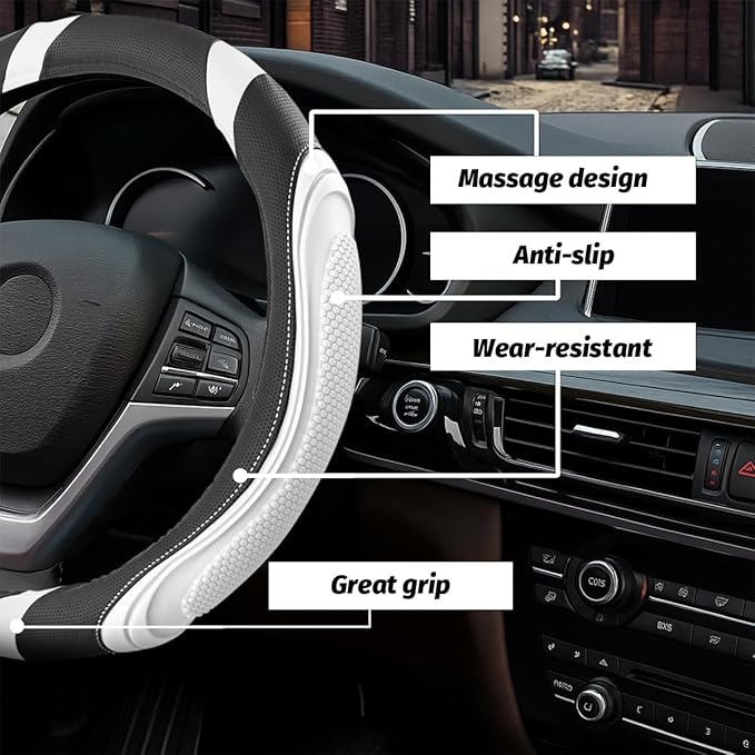 15 Inch Car Leather Steering Wheel Cover, Automotive Accessories Elastic Breathable Anti-Slip Soft Wheel Protector Fits Men and Women, Suitable for SUVs, Trucks, Vehicles and RVs (White)