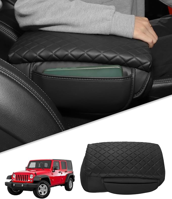 TBHOO for Jeep Wrangler JK JKU 2011-2017 Center Console Cover Armrest Cover Jeep Accessories Arm Rest Pad Console Cushion Lid Black Leather with Pockets