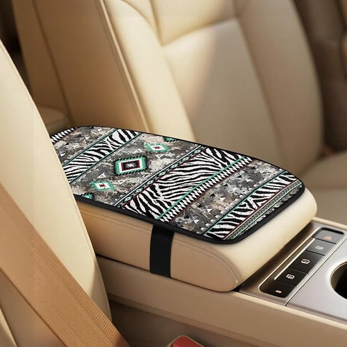 Qeluxign 5-Piece Car Accessories Set Tribal Zebra Print Universal Fit PU Leather Seat Covers Seatbelt Pads and Armrest Cover for Cars, Trucks, SUVs