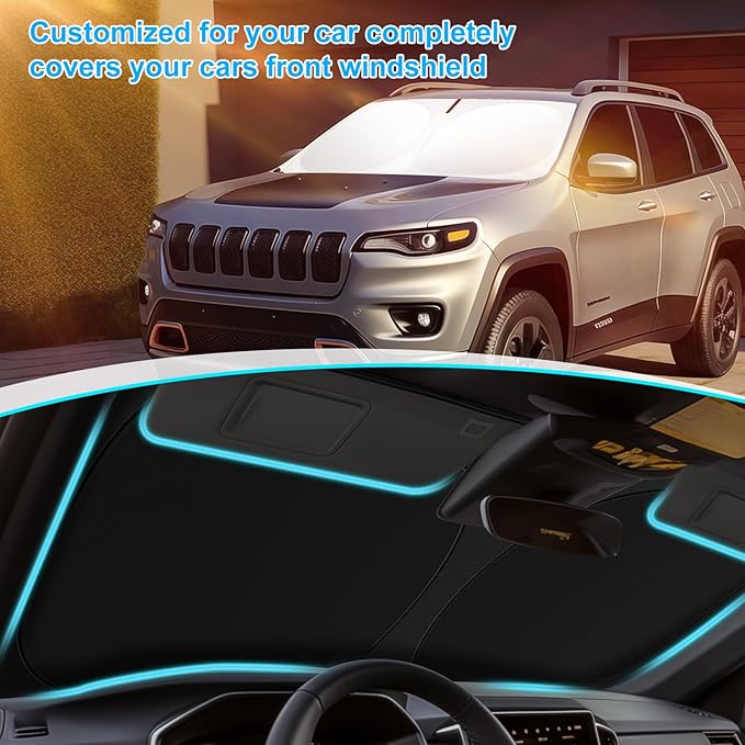 SHINEHOME Car Windshield Sun Shade Compatible for Jeep Cherokee 2014-2025 2026 Trailhawk, Overland, Limited, Latitude, Altitude Accessories 2025 Upgrade Foldable Sunshade Custom Windshield Sun Visor
