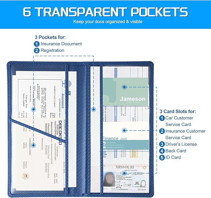 JUSTTOP 1Pack Car Registration and Insurance Holder,Car Document Holder for Cards License with Magnetic Shut,Vehicle Glove Box Car Organizer for Documents, Cards, License(Carbon Fiber Blue)