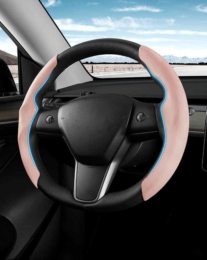 Shademax Custom-Fit for Tesla Steering Wheel Cover, Tesla Model Y / 3 2017-2025 2026 (Fit Model Y Juniper 2026/ Model 3 Highland) Suede Steering Wheel Cover for Tesla Model Y / 3 Accessories (Pink)