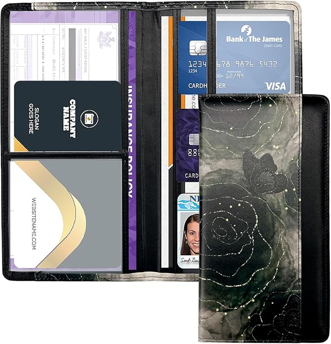 FinestHouse Car Registration and Insurance Holder with Magnetic Closure, Universal Document Organizer for License, Insurance Cards & Glove Box Storage (Butterfly Rose-Black)