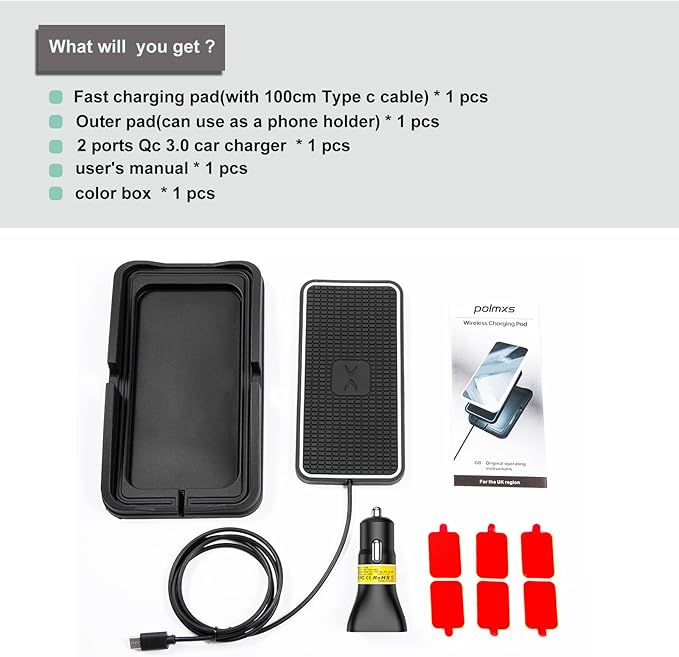 Wireless Charger Car Fast Charging pad,POLMXS 15W Wireless Phone Charger Cell Phone Cordless Flat Charging mat Compatible with iPhone 11/12/12/14/15 Galaxy S21/S22/S23/24 NOTE10(XP01)