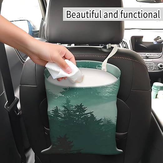 AUEKLLW Car Trash Can, Hanging Garbage Bin for Men and Women, Cute Car Organizer and Storage Bag, Canvas Vehicle Trash Can Bag Easy-to-Install Cute Green Mountain