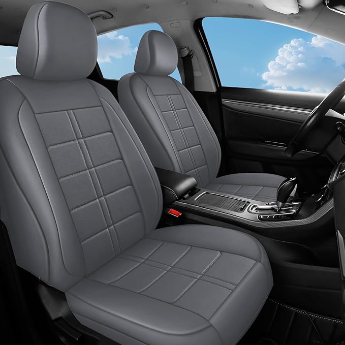 crossmiles Faux Leather Car Seat Covers Full Set, Foam Seat Cover for Car, Universal Car Seat Protector with Waterproof and Breath Fit for Cars, Trucks, SUV, Vans (Grey Square)