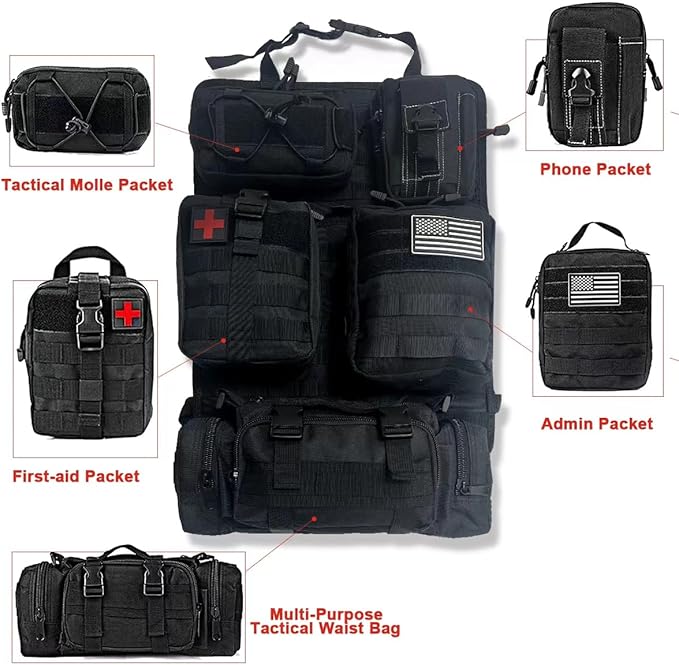 BEATUNEE Universal Tactical Front Seat Back Organizer with 5 detachable Molle Storage Bag/Hanger Bag,Applicable to all vehicle (Black)