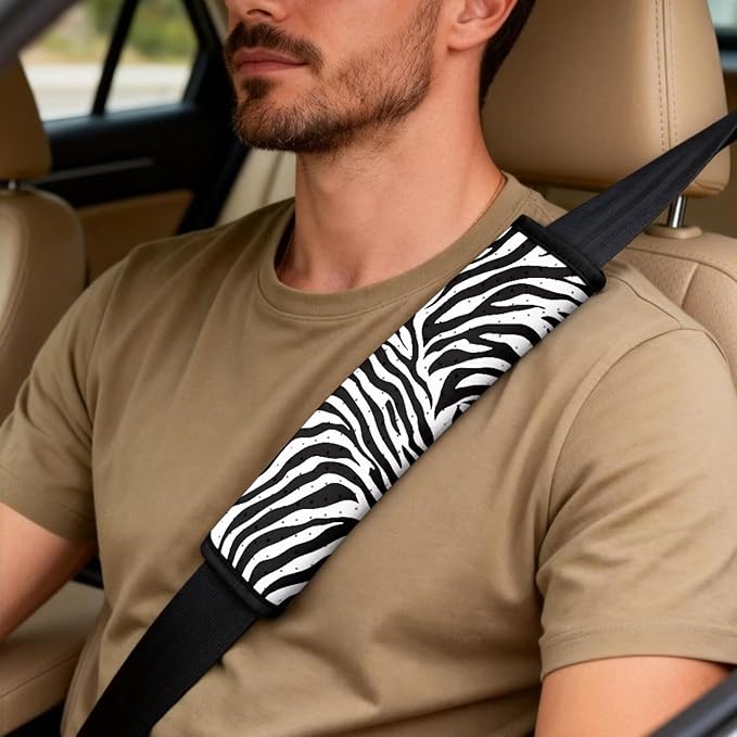 Psesaysky Zebra Stripe 5 Pcs Car Accessories Set PU Leather Front Seat Covers for Cars, Seatbelt Shoulder Pad, Car Armrest Covers Universal Fit Most Truck SUV Van