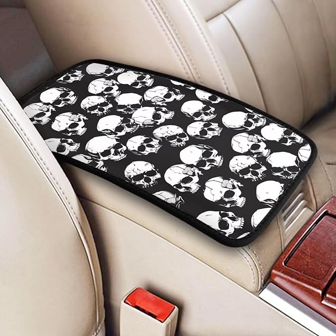 Car Center Console Cover Skull Gothic Goth Polyester Armrest Cushion Pad Protector Black White Auto Interior Accessories Arm Rest Covers