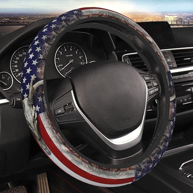 Camouflage Deer American Flag Steering Wheel Cover for Men, Anti-Slip Elastic Breathable Soft Rubber Car Steering Wheel Protective Cover, Universal 15 Inch Fit for Cars, Auto, SUVs