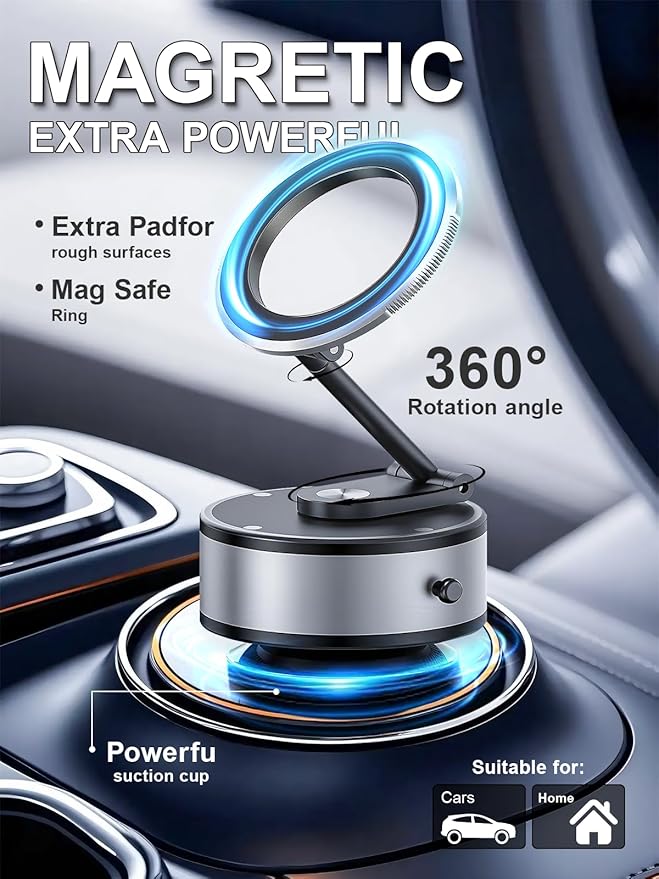 RainChic Magnetic Car Phone Holder for MagSafe, 120+ LB Suction Cup & 2800gf Magnetic Force, 360° Adjustable Mount for iPhone Pro Max/Plus & MagSafe-Compatible Android Phones (zj-001)