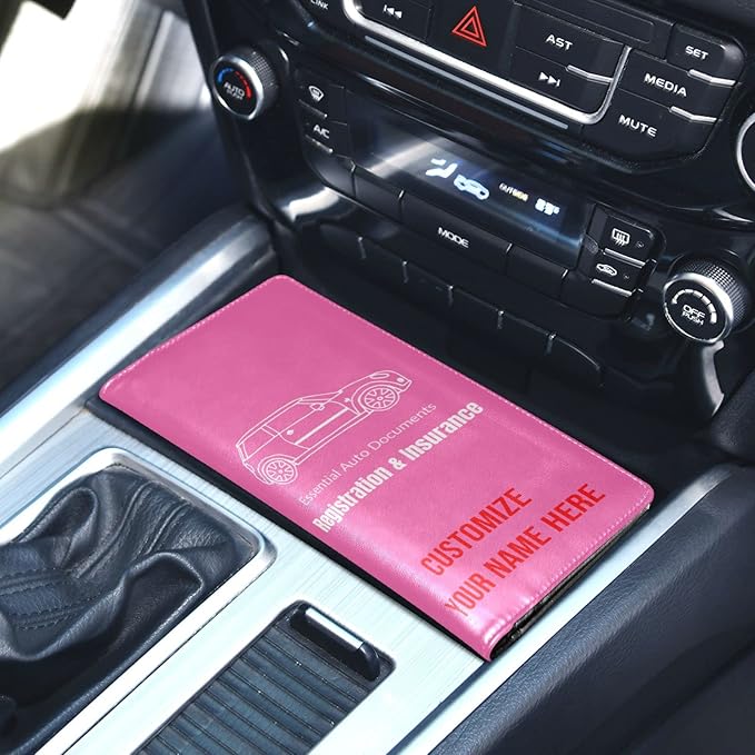 Caihoyu Custom Car Registration and Insurance Card Holder Personalized Leather Glove Box Organize Men Women Wallet Accessories Case for Cards, Essential Document Driver License Hot Pink