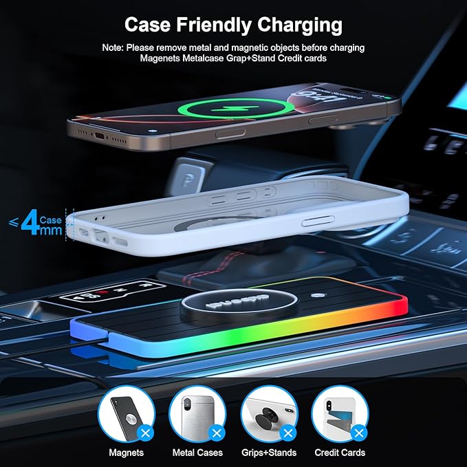 Magnetic Wireless Car Charger Pad, Aubenai 15W RGB Fast Wireless Charging Pad Non Slip Charging Mat with 70cm Extension Cable Compatible with Magsafe Charger iPhone 16 15 14 13 12 (Extension USB-C)