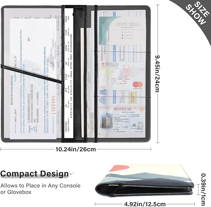 Qilmy Simple Sun Mountain Car Registration and Insurance Holder PU Leather Vehicle Document Wallet Glove Box Organizer with Clear PVC Card Slots for Driver License ID Cards
