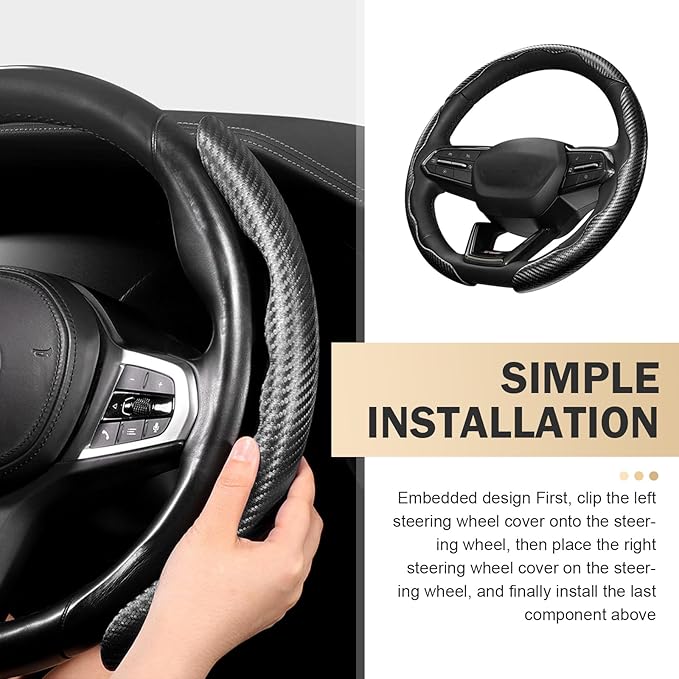 3PCS Steering Wheel Cover, Carbon Fiber Anti-Skid Steering Wheel protection, Car Steering Wheel Cover for Men/Women, Segmented & Wavy Design, Universal Car Interior Accessories (Black)