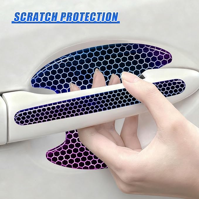 8PCS Laser Car Door Handle Protector, Anti-Scratch & Bumping Auto Door Bowl Protector with Reflective Design, Universal Self-Adhesive Vehicle Exterior Decoration Accessories(No Mark)