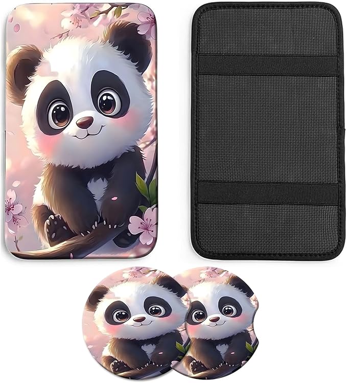 JANENFNA Car Armrest Cover Pads Universal Fashion Cute Auto Center Console Armrest Cover Pad with 2PCS Car Coasters Soft Waterproof Car Armrest Seat Protector for Women,Pink Flower Panda