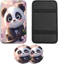 JANENFNA Car Armrest Cover Pads Universal Fashion Cute Auto Center Console Armrest Cover Pad with 2PCS Car Coasters Soft Waterproof Car Armrest Seat Protector for Women,Pink Flower Panda