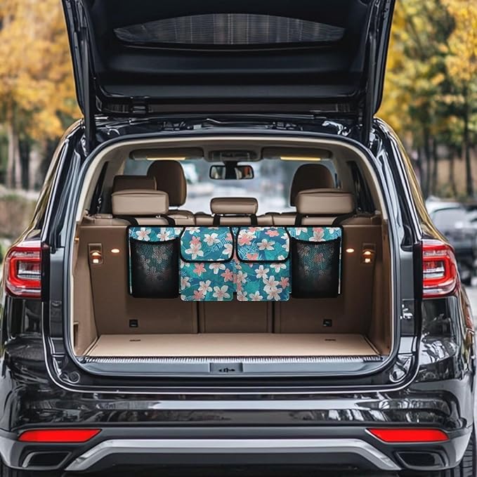CLOHOMIN Hibiscus Trunk Organizer for Car Palm Leaves Car Backseat Hanging Organizer for SUV Van Cargo Storage Collapsible with 4 Pockets Adjustable Straps