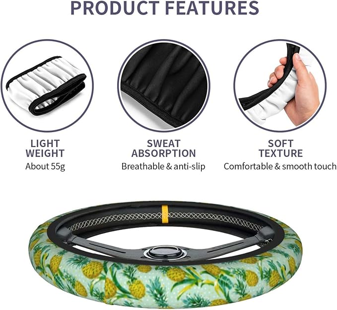 Pineapple Steering Wheel Cover Elastic Non-Slip Car Steering Wheel Covers with Seat Belt Shoulder Pad for Women Men