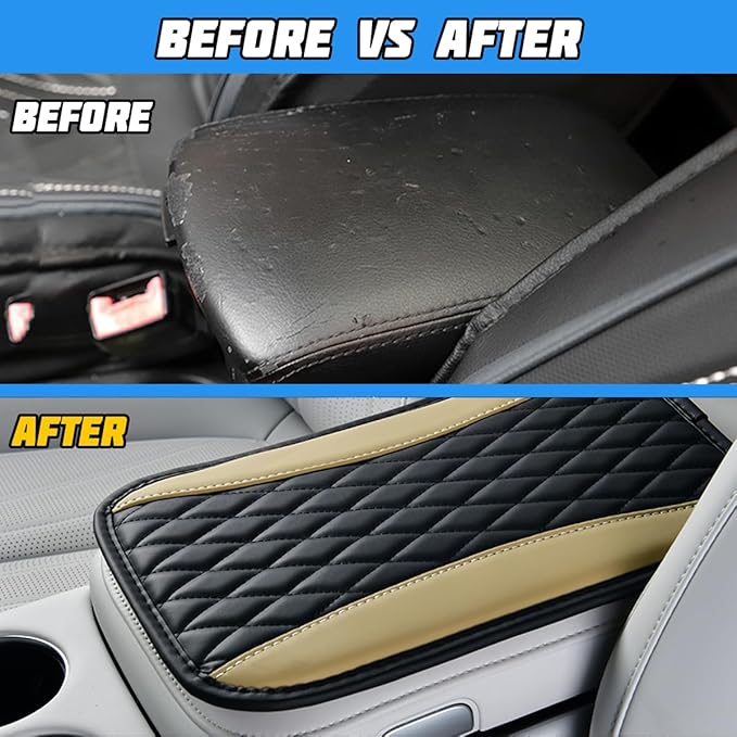 Car Center Console Cover, PU Leather Waterproof Vehicle Armrest Seat Box Protector, Automotive Interior Arm Rest Cushion Protection Accessories, Universal for SUV Sedan Truck (Black/Beige)