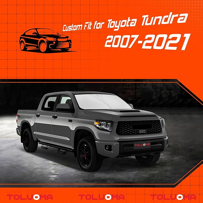 Toluoma Custom Fit Windshield Sun Shade for Toyo-ta Tundra 2007-2021 - Full Coverage, 210T Reflective Fabric, Double-Layer Design - Blocks 99% UV Rays, Keeps Car Cool, Easy to Install and Store