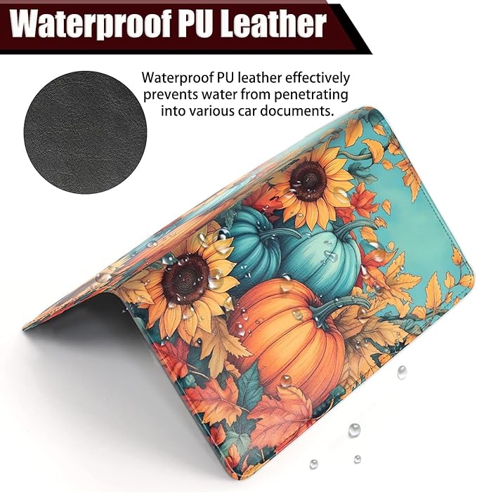 Car Registration Holder, PU Leather Vehicle Glove Box Organizer for Driver License, Document, Car Insurance Holder with Magnetic Shut, Auto Paperwork Wallet Accessories, Autumn Pumpkin Maple Leaves