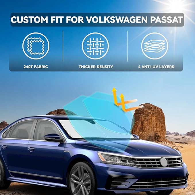 for Volkswagen Passat 2012-2022 Windshield Sun Shade - 4 Layers Car Sunshades for Front Windows Shade Cover Custom Fit for Passat Sun Visor 240T Retractable Shade Blocks UV Rays Car Accessories