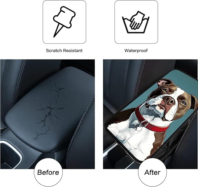 JANENFNA Car Armrest Cover Pads Universal Fashion Cute Auto Center Console Armrest Cover Pad with 2PCS Car Coasters Soft Waterproof Car Armrest Seat Protector for Women,Cute Bulldog