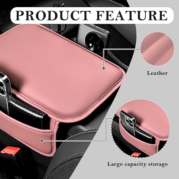 Stacool Center Console Cover with Storage Bag,Leather Comfort Armrest Cover for Car Decorations & Height Car Armrest Cushion,Universal Car Arm Rest Cover Pad for Most Vehicles (Pink)
