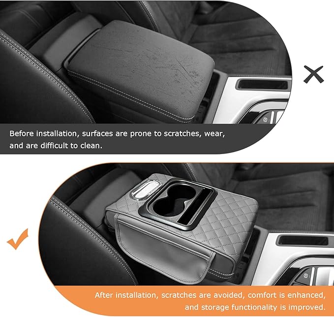 Car Center Console Armrest Pillow, 5-in-1 Armrest Cushion w/ 2 Side Bags, Tissue Box Slot, Cup & Phone Holder, Multifunctional Leather Auto Arm Rest Cover Storage Organizer (Gray, Embroidered)