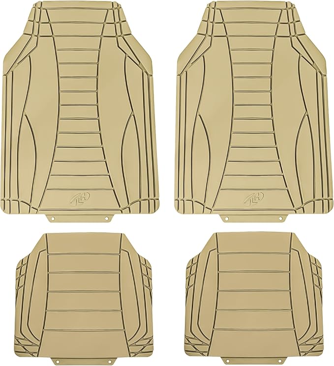 TLH Car Floor Mats, Beige Sleek Linear, Full Set, Rubber, Waterproof, Stain-Resistant, Easy to Clean, Washable, Durable for Ultimate Protection, Perfect for Cars, Trucks, SUVs, Vans