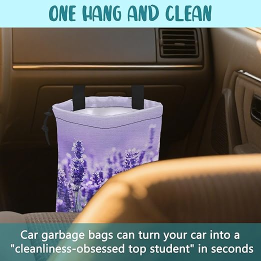 KXWQTRDD Car Garbage Bag Purple Lavender Flowers Drawstring Car Trash Bag Hanging for Back Seat with Adjustable Buckle Canvas Vehicle Trash Can Easy-to-Install