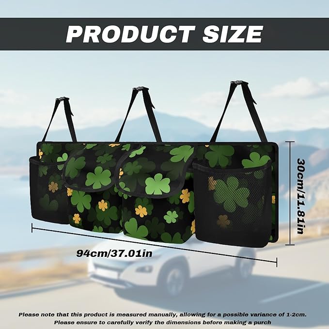 CLOHOMIN Green Leaves Car Trunk Organizers for Women Men Car Trunk Mesh Storage St. Patrick's Day Backseat Hanging Organizer Large Capacity Cargo Storage Organizer with 4 Pockets