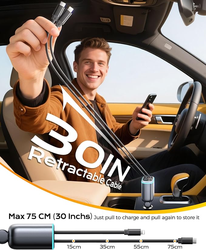 4 in 1 Car Charger, Retractable iPhone Car Charger Fast USB C Phone Charger, Cigarette Lighter with 2 Cable 30 Inch and 2 USB Ports, Multi Port USB Car Charging for iPhone 17/16/15/14/13 Pro Max-2Pack