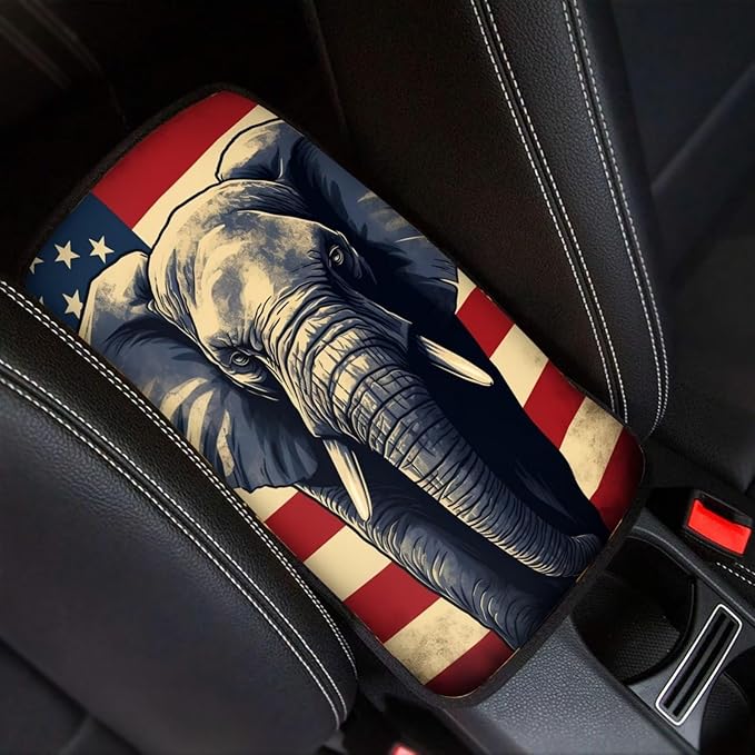 Car Center Console Pad, Universal Waterproof Car Armrest Seat Box Cover, Car Interior Accessories for Most Vehicle SUV Truck Vintage American Flag Elephant Car Armrest Pad