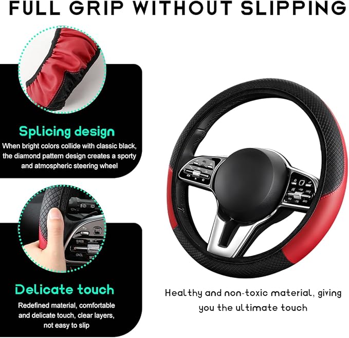 Car Steering Wheel Cover, 15 inch Carbon Fiber Microfiber Leather Elastic Steering Wheel Protector, Breathable Anti-Slip Comfortable Steering Wheel Covers for Most Cars (Black&Red, AD)