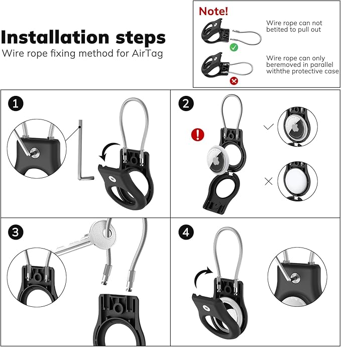 AirTag Holder 4 Pack - Air tag Lock Case with Wire Cable Compatible with Apple AirTags, Ultra Durable Anti-Lost Protective Case with Keyring for Luggage, Key, Backpack, Pet（Black）