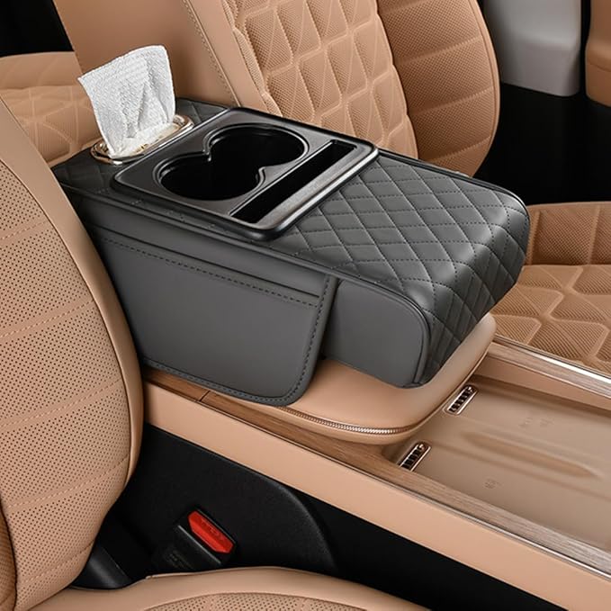 Leather car armrest Organizer with Cup Holders, Storage Pockets & Anti-Slip pad. Universal fit, Easy Install. (Gray)