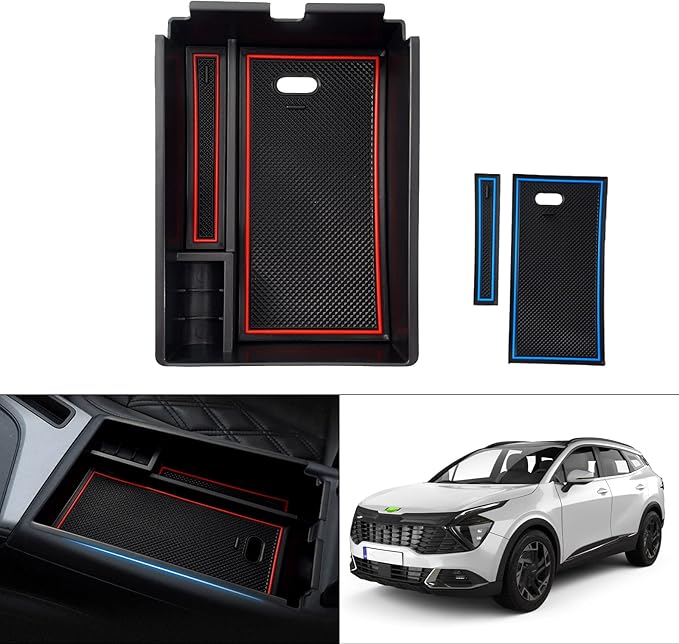 Autorder Center Console Organizer for 2023 2024 2025 2026 Kia Sportage Accessories Armrest Storage Box Secondary Insert Tray with Red & Blue Mats