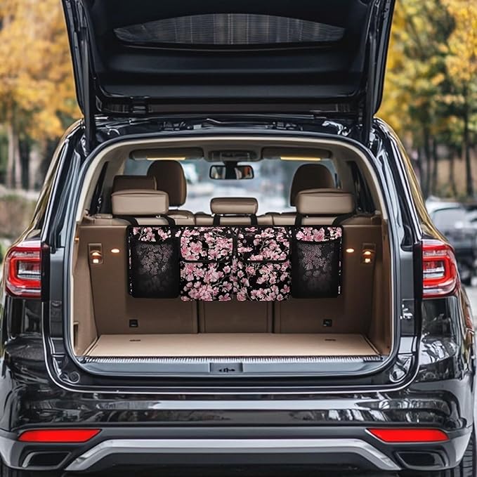 Cherry Blossom Car Trunk Organizer, Oxford Backseat Storage Bag with 4 Pockets, Waterproof Adjustable Large Capacity Hanging Collapsible Bag for Most Vehicles, Universal Car Accessories