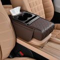 Leather car armrest Organizer with Cup Holders, Storage Pockets & Anti-Slip pad. Universal fit, Easy Install. (Coffee)