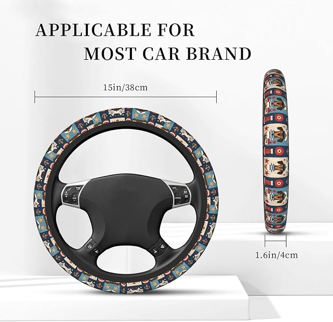 Dachshunds?Sailors Nautical Dog Pattern Car Steering Wheel Cover, 15 Inch Steering Wheel Cover Stylish Decor for Most Cars