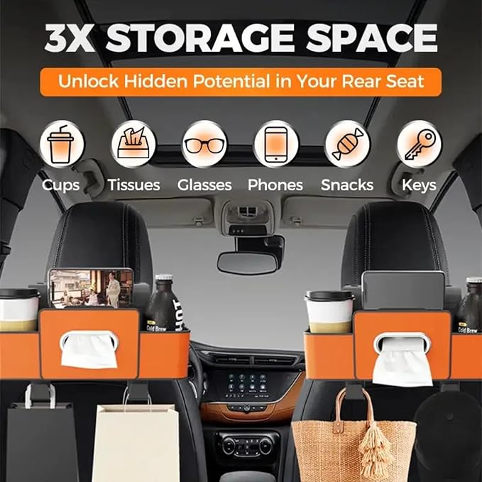 Multifunctional Car Organizers and Storage Box, 2026 New Backseat Car Organizer with Cup Holder, Tissue Box, Trash Bin & Hooks for Hold Phones, Snacks, Drinks, Handbags (Orange)