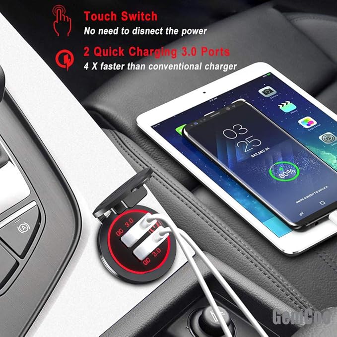 Quick Charge 3.0 Dual USB Car Charger Socket with Touch Switch 12V/24V 36W QC3.0 Dual USB Fast Charger Socket Power Outlet for Marine, Boat, Motorcycle, Truck, Golf Cart(Red)