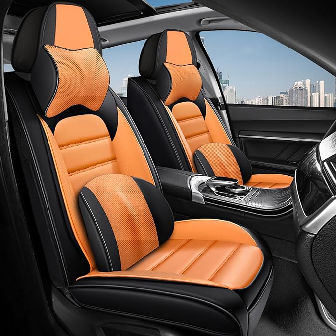 AREKA 2 Car Seat Covers for Subaru Crosstrek 2016-2026 Breathable Leather,Waterproof Car Seat Protectors with Comfort Headrest Pillows,Automotive Vehicle Cushion with Storage Pockets (Luxury,Orange)
