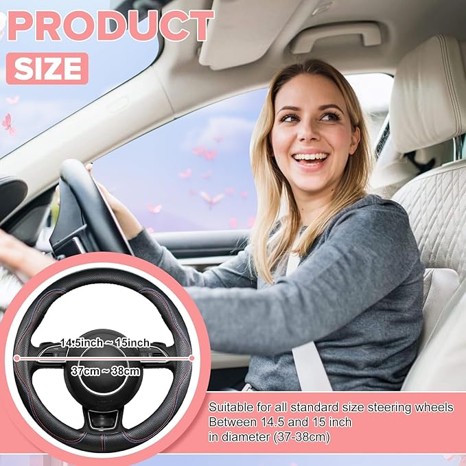 Black Car Steering Wheel Cover, Slip-Proof Breathable Comfort PU Leather Cute Universal Protector Cars Interior Accessories for Women Girl Fit Most Vehicle (Black)
