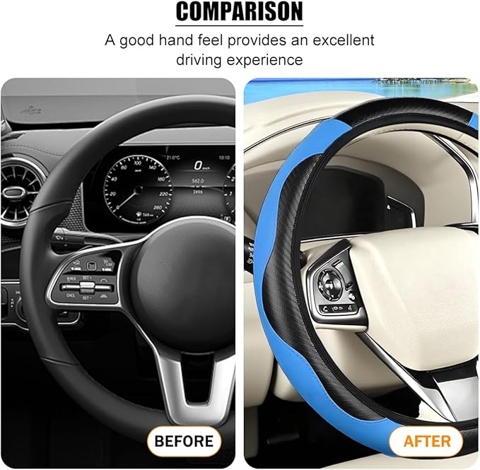 Carbon Fiber Car Steering Wheel Cover, 14.5-15 Inch Elastic Stretch Steering Wheel Guard, Sports Style Non-Slip Automotive Interior Accessories, Universal for Vehicles (Black/Blue)
