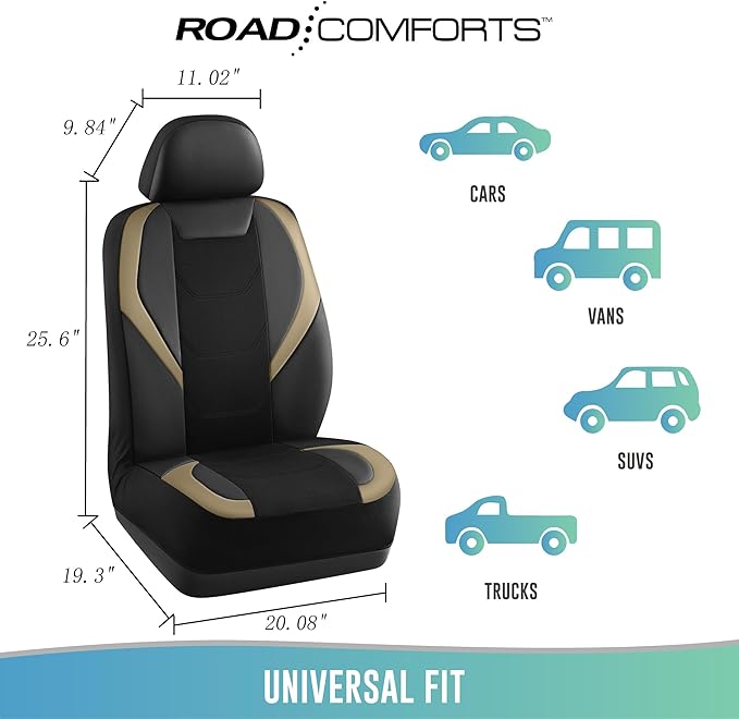 Road Comforts Car Seat Cover, Leather Mesh Front Seat Cover, Universal Fit for Most Cars, SUVs, Trucks, and Vans, Airbag Compatible - Beige