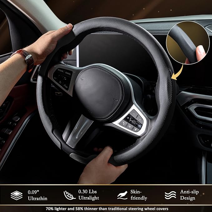 Aimato Nappa Leather Steering Wheel Cover, Ultra-Thin Car Steering Wheel Cover,Comfortable & Breathable Microfiber,Universal Fit for Most Cars, Black